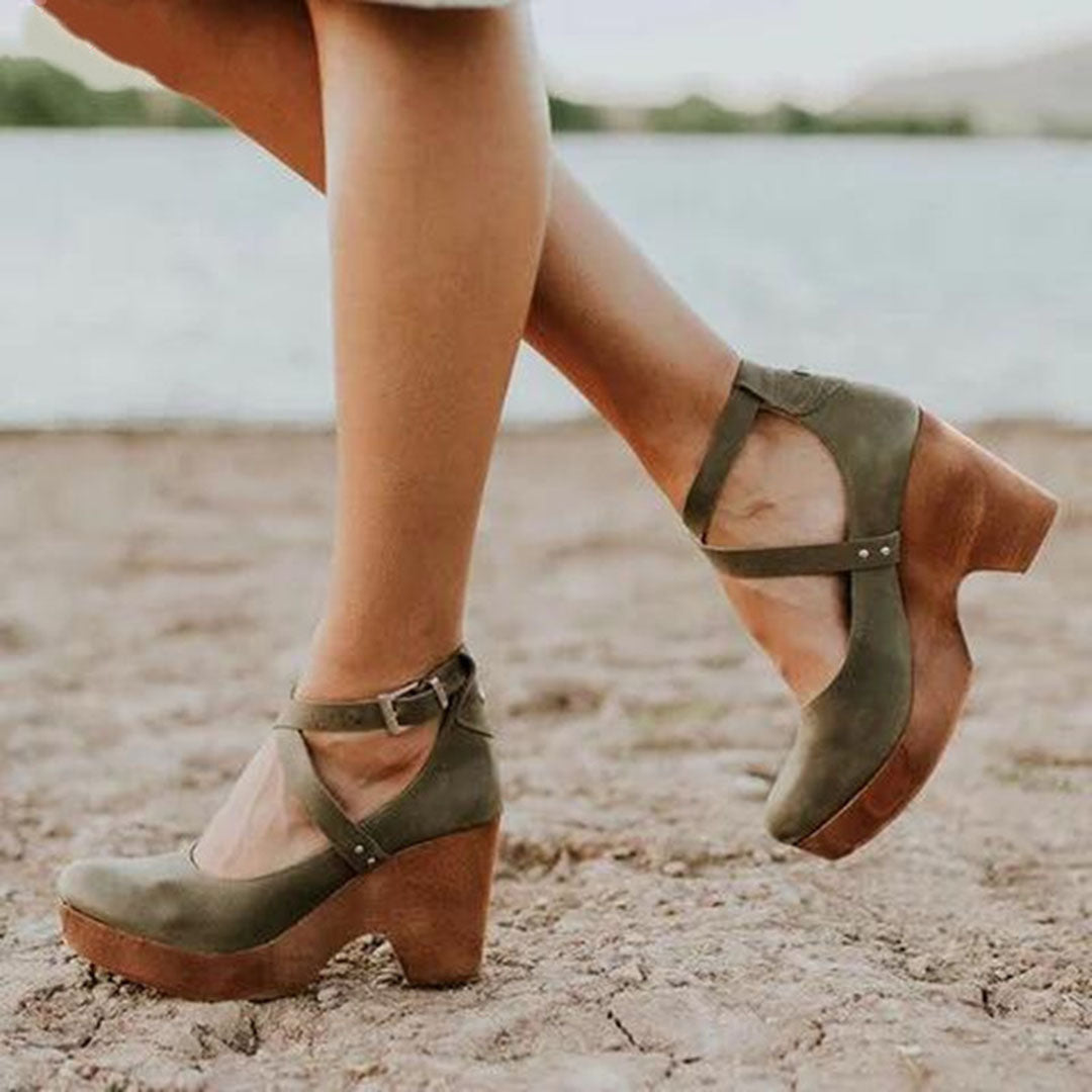 Women’s Genuine Leather Closed-Toe Wedge Sandals – Ankle Strap Design
