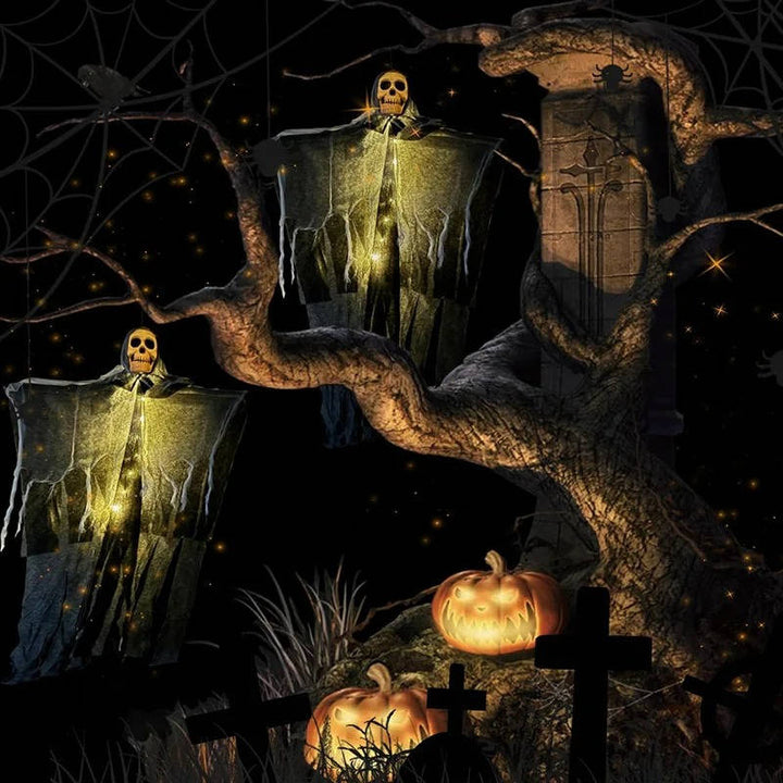 Set of 2 Glowing Skull Hanging Outdoor Decorations
