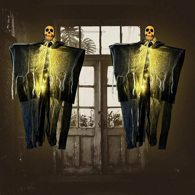 Set of 2 Glowing Skull Hanging Outdoor Decorations