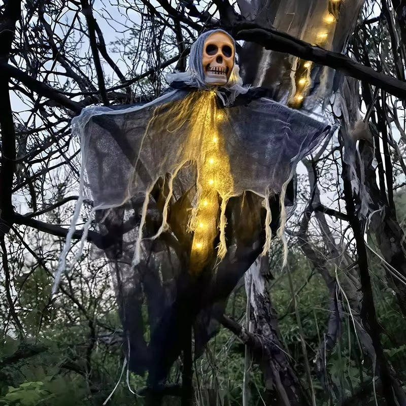 Set of 2 Glowing Skull Hanging Outdoor Decorations