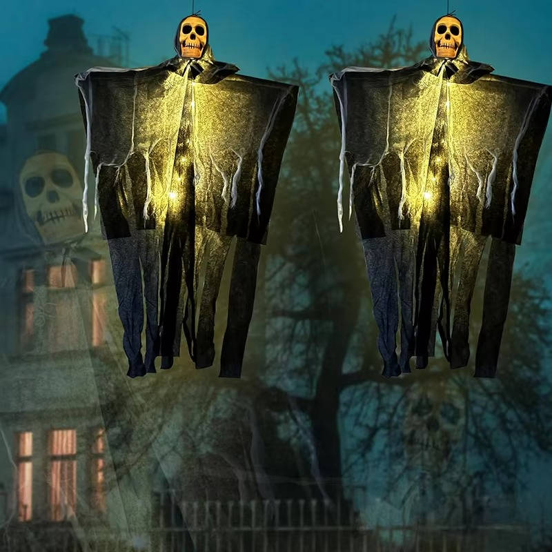 Set of 2 Glowing Skull Hanging Outdoor Decorations
