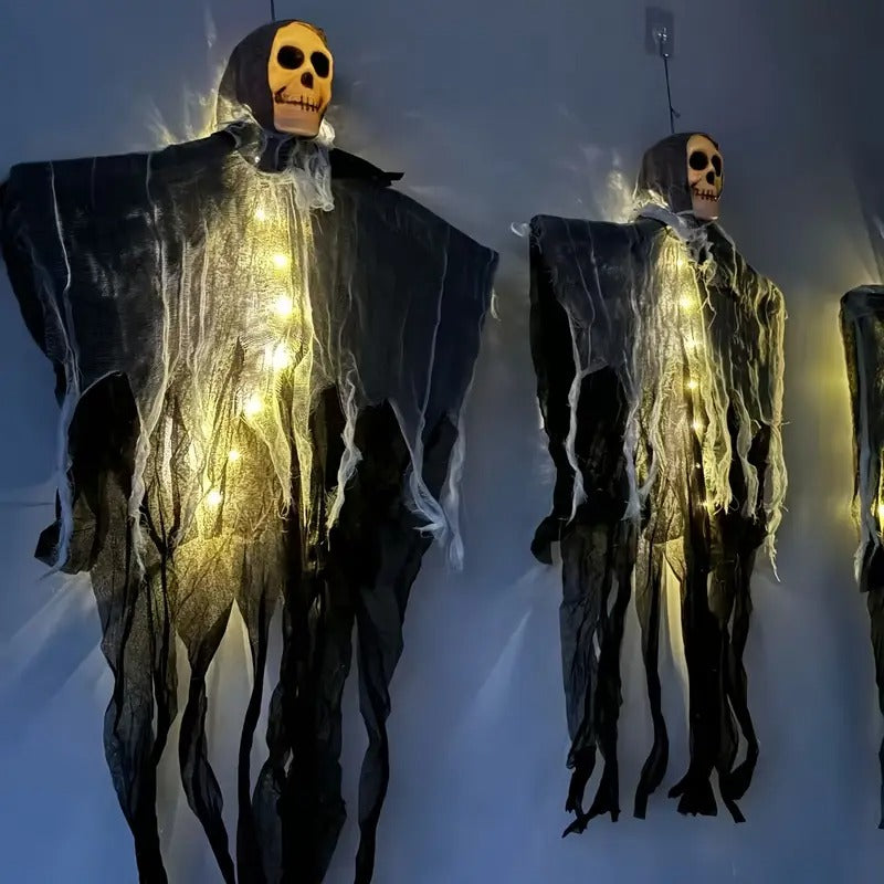 Set of 2 Glowing Skull Hanging Outdoor Decorations